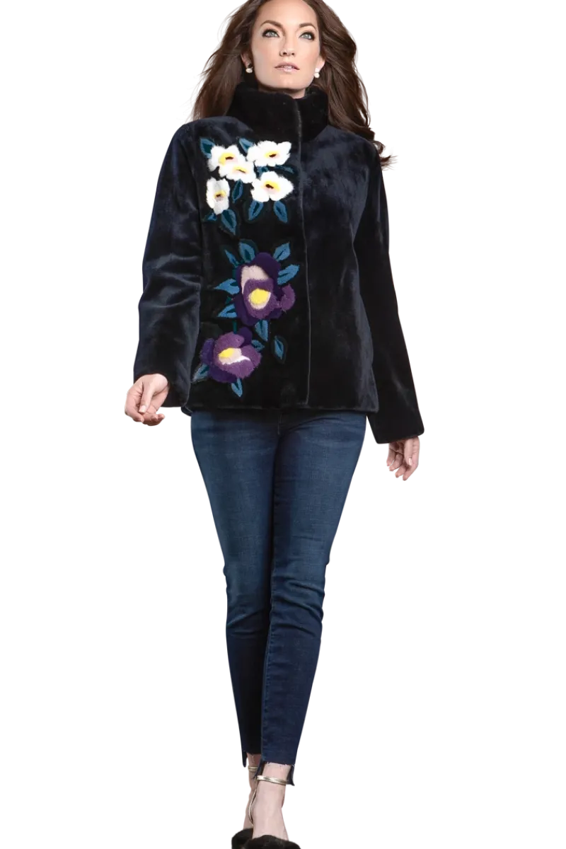 Sale Navy Floral Sheared Mink Fur Jacket Women Fur Jackets