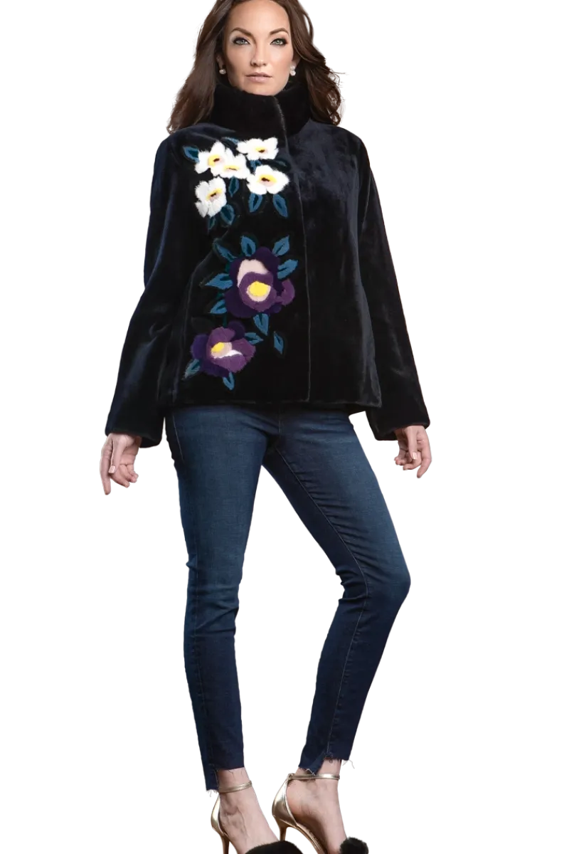 Sale Navy Floral Sheared Mink Fur Jacket Women Fur Jackets