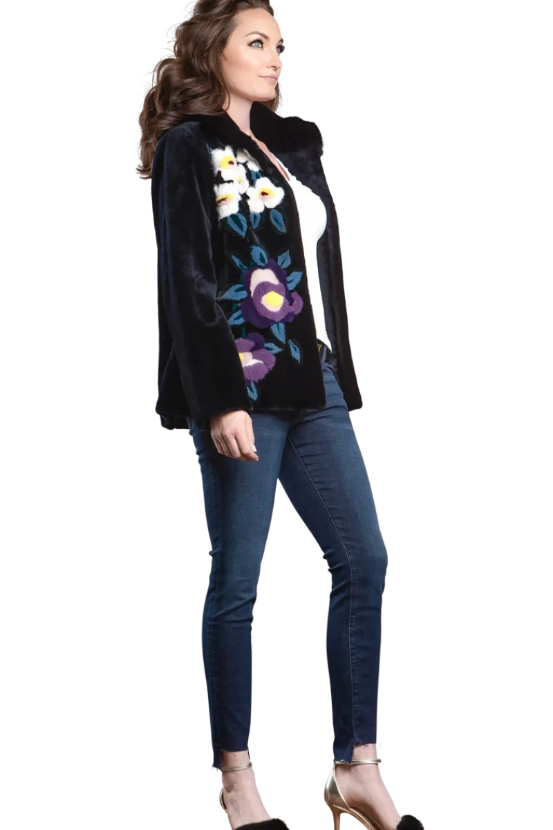 Sale Navy Floral Sheared Mink Fur Jacket Women Fur Jackets