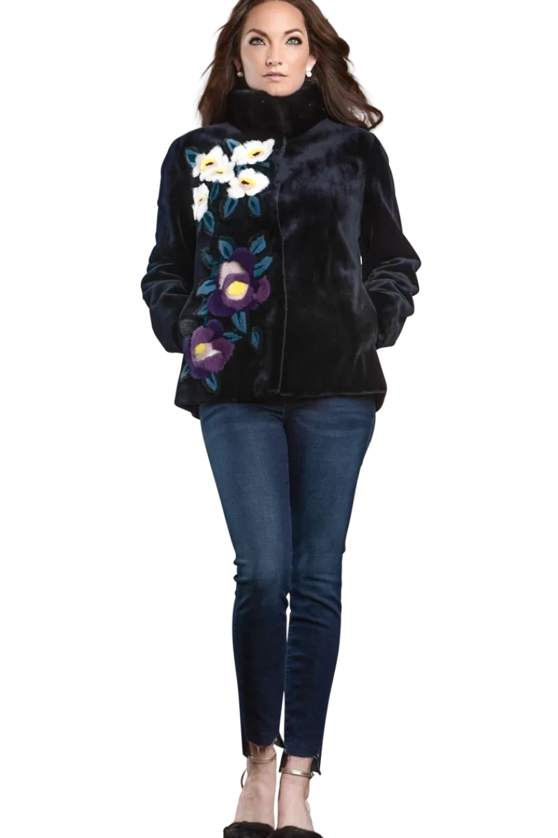 Sale Navy Floral Sheared Mink Fur Jacket Women Fur Jackets