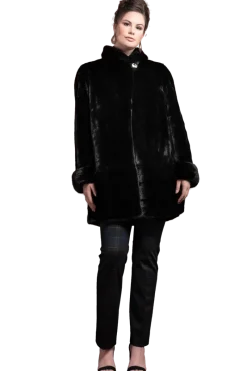 Outlet Plus Size Fashionable Mid Length Mink Fur Coat - Shawl Collar - Horizontal Hem Women Mink|Fur Coats