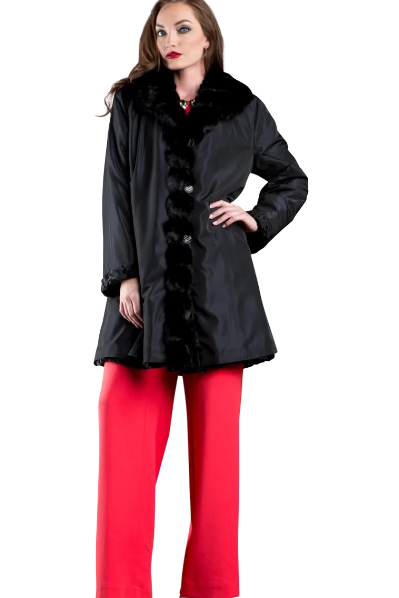 Hot Reversible Swakara and Chinchilla Fitted Mid-Length Fur Coat Women Lamb|Fur Coats