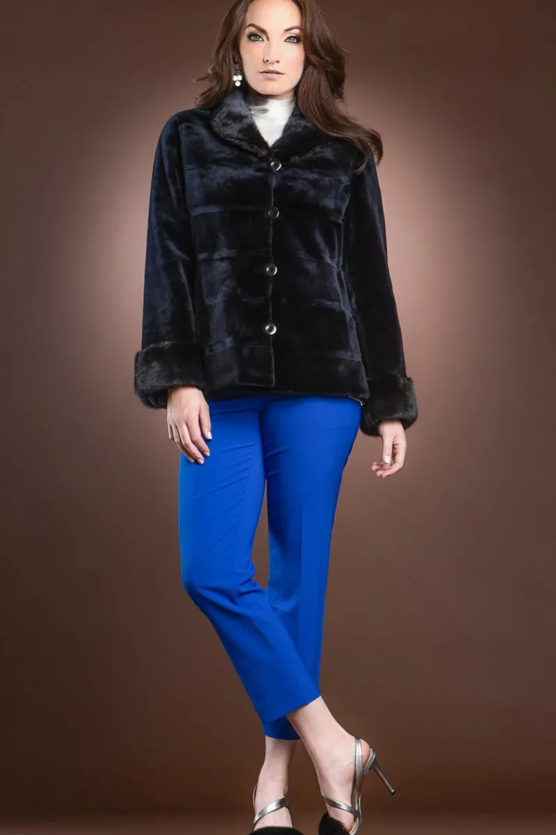 Discount Reversible 4 Button Sheared Horizontal Mink Fur Jacket - LH Mink Collar & Turn Back Cuffs Women Fur Jackets