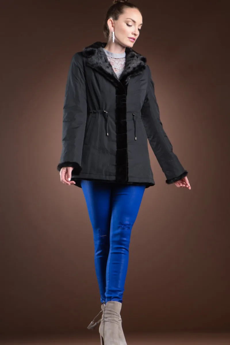 Discount Reversible Patterned Black Sheared & Long Haired Mink Fur Jacket Women Fur Jackets