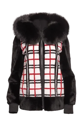 Best Reversible Plaid & Sheared Mink Fur Jacket - Fox Trimmed Hood Women Mink|Fur Jackets