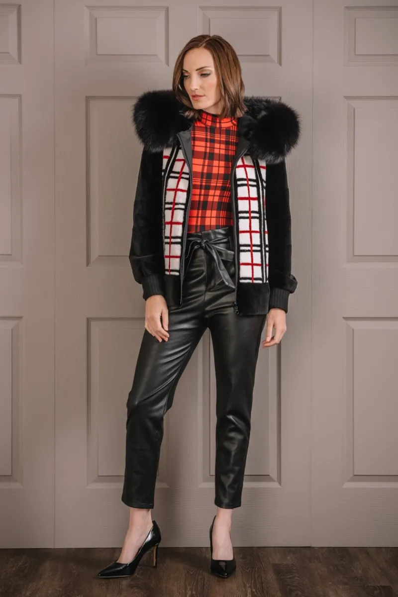 Best Reversible Plaid & Sheared Mink Fur Jacket - Fox Trimmed Hood Women Mink|Fur Jackets