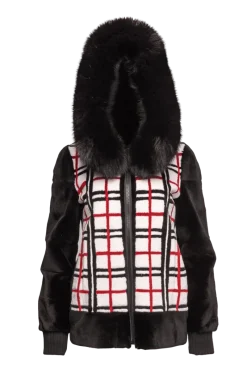 Best Reversible Plaid & Sheared Mink Fur Jacket - Fox Trimmed Hood Women Mink|Fur Jackets