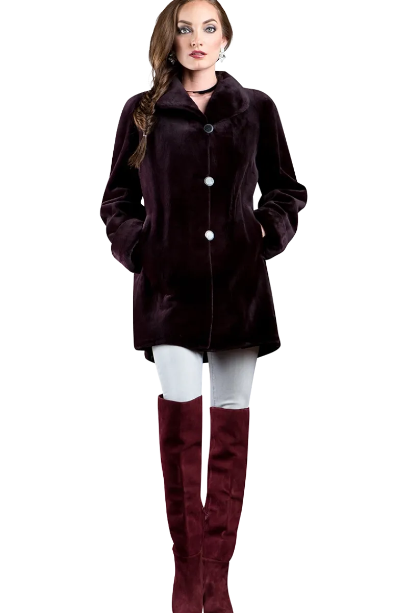 Clearance Reversible Sheared Mink Mid-Length Fur Coat - Wing Collar - TB Cuff Women Mink|Fur Coats
