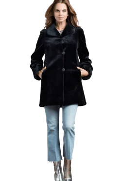 Clearance Reversible Sheared Mink Mid-Length Fur Coat - Wing Collar - TB Cuff Women Mink|Fur Coats