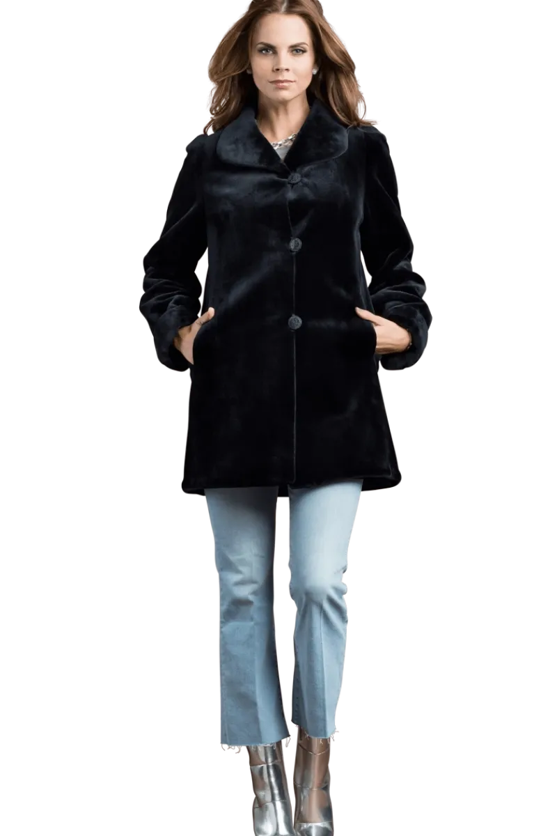 Clearance Reversible Sheared Mink Mid-Length Fur Coat - Wing Collar - TB Cuff Women Mink|Fur Coats