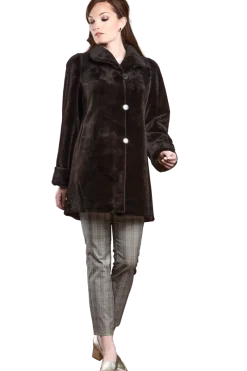 Clearance Reversible Sheared Mink Mid-Length Fur Coat - Wing Collar - TB Cuff Women Mink|Fur Coats