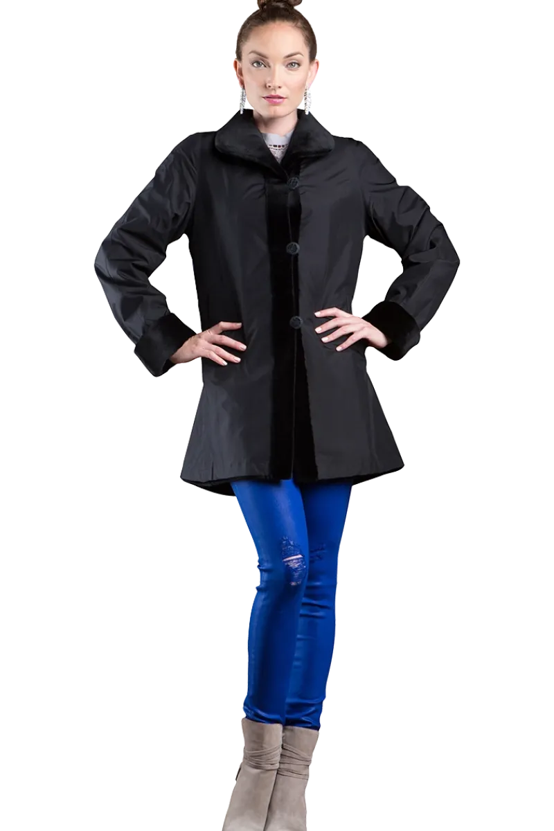 Clearance Reversible Sheared Mink Mid-Length Fur Coat - Wing Collar - TB Cuff Women Mink|Fur Coats