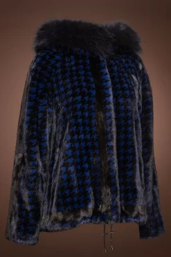 Best Royal Blue Houndstooth Print Mink Fur Jacket - Fox Fur Hood Trim Women Fur Jackets