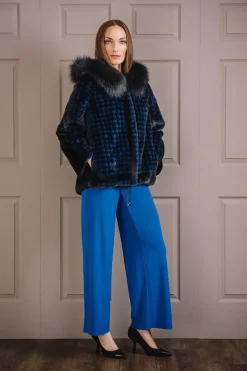 Best Royal Blue Houndstooth Print Mink Fur Jacket - Fox Fur Hood Trim Women Fur Jackets