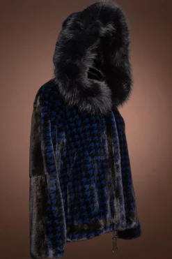 Best Royal Blue Houndstooth Print Mink Fur Jacket - Fox Fur Hood Trim Women Fur Jackets